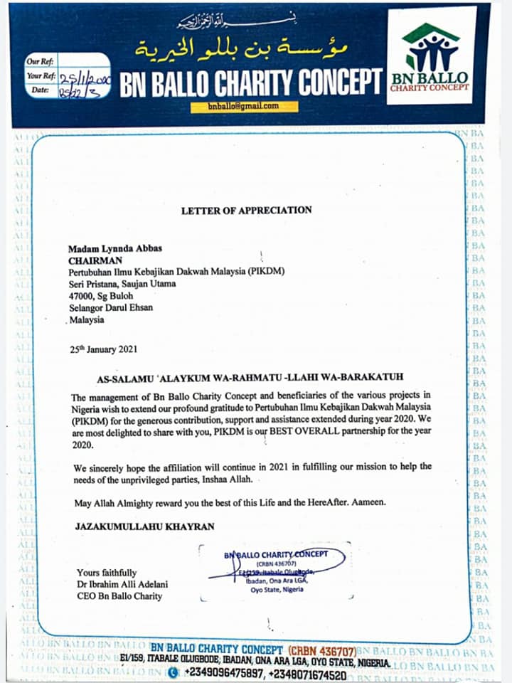 Surat Penghargaan dari Bn Ballo Charity Concept Nigeria