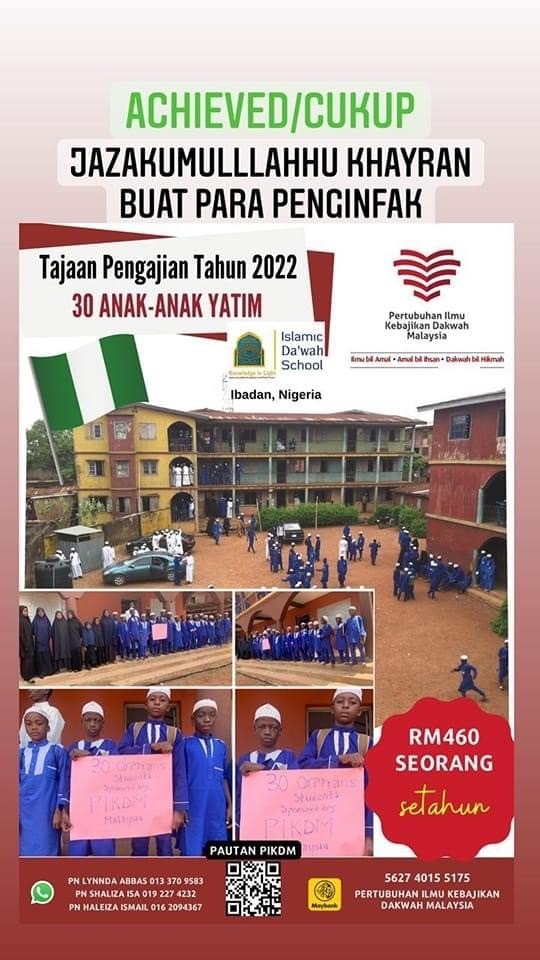 Read more about the article Tajaan Pengajian 2022 30 Anak Yatim di di Da’wah Islamic School Ibadan, Nigeria