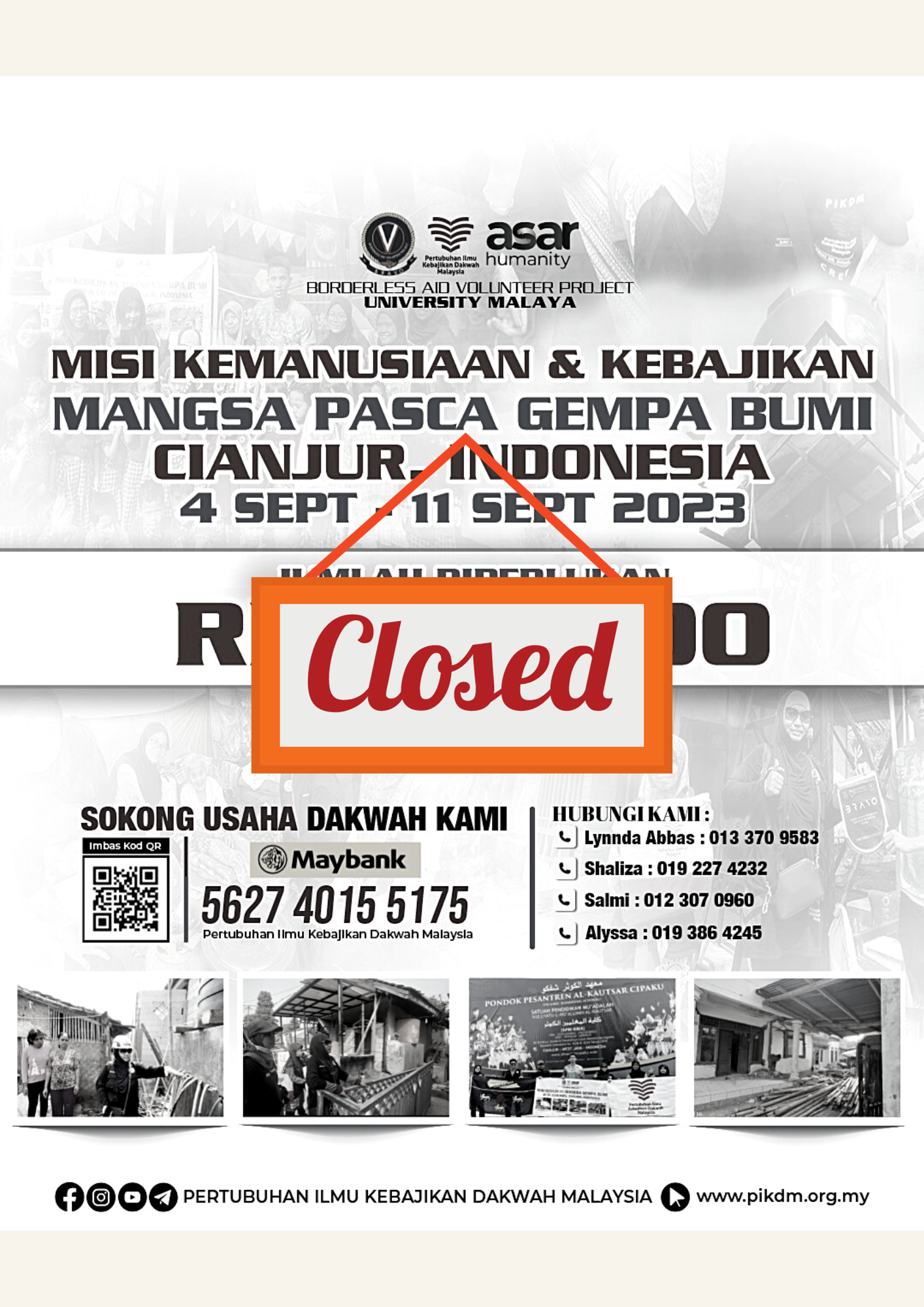 Misi Kemanusiaan & Kebajikan Mangsa Pasca Gempa Bumi Cianjur, Indonesia (4 Sept – 11 Sept 2023) ** CLOSED **