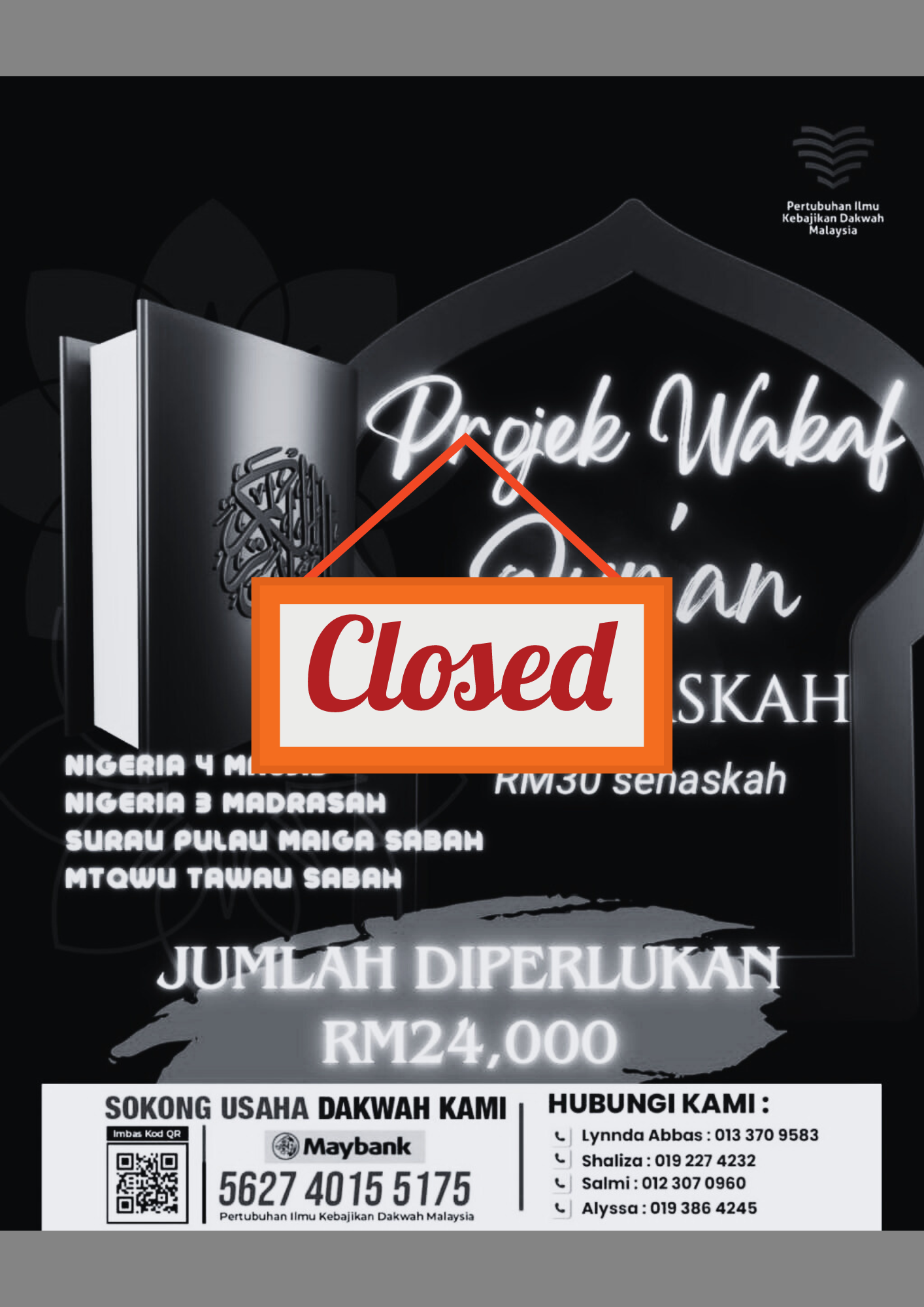 Projek Wakaf Quran 800 Naskah Closed